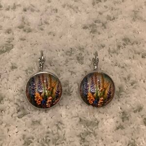Autumn Floral Fields Pierced Glass Cabashon Earrings NWT .75” Handcrafted